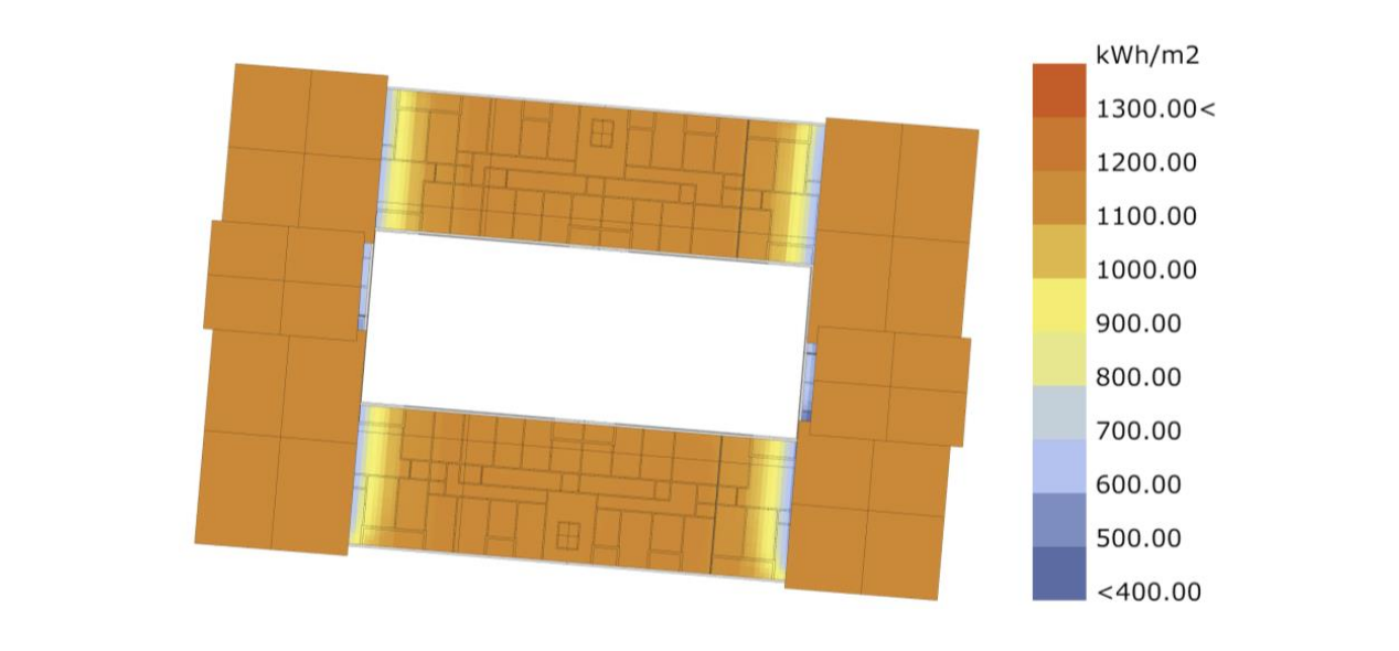 Fig 2: 
Annual incoming solar radiation potential on building rooftop, plan view