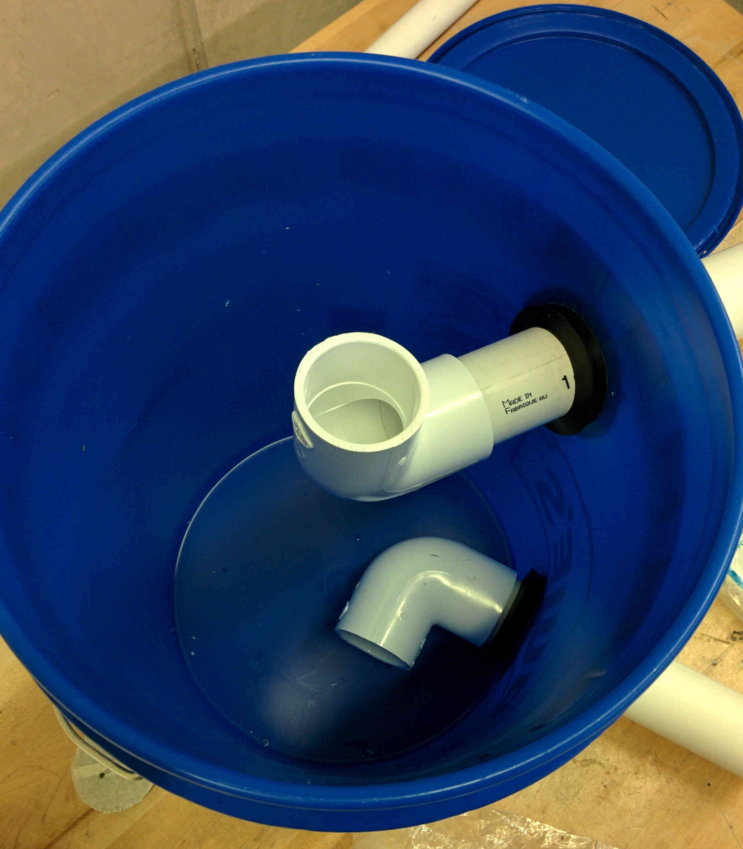 Fig 7: Swirl filter made in a plastic bucket with uniseals.